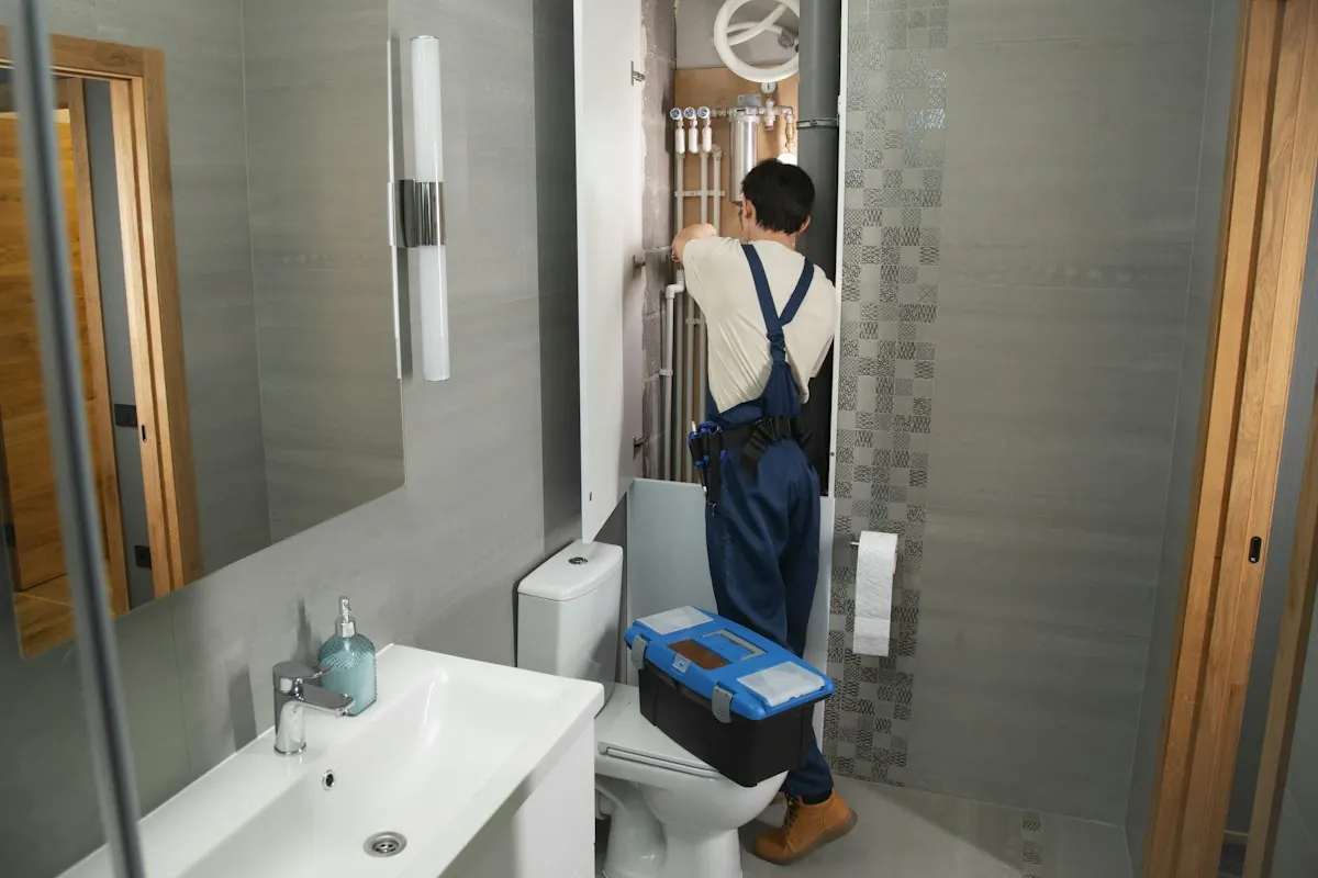 Plumber working on bathroom pipes during a renovation